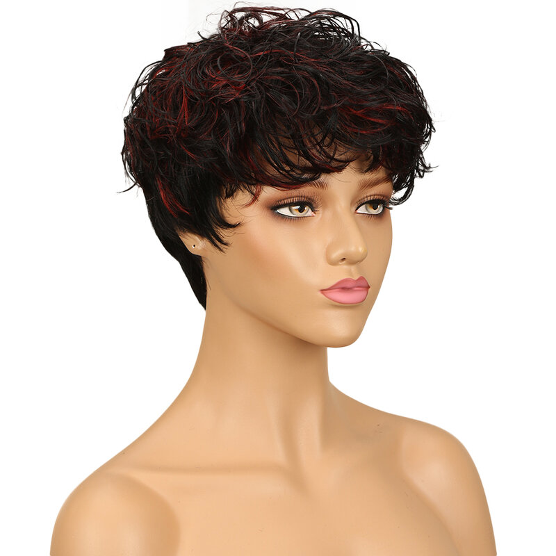 Lekker gotowy do noszenia podkreśla czerwone 99J krótkie fryzura Pixie Bob ludzkie włosy peruki dla kobiet brazylijskie włosy Remy kolorowe bezklejowe peruki