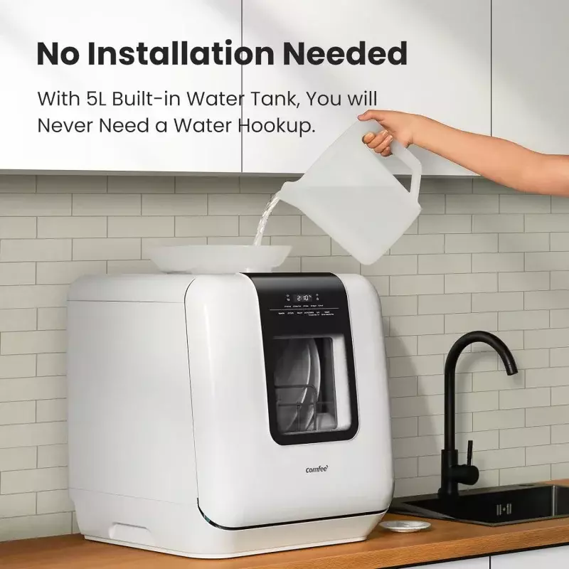 Comfe'-ポータブルカウンタートップ食器洗い機,6lの内蔵水タンクを備えたミニ食器洗い機,内部のより多くのスペースを備えた食器洗い機,7つのプログラム可能