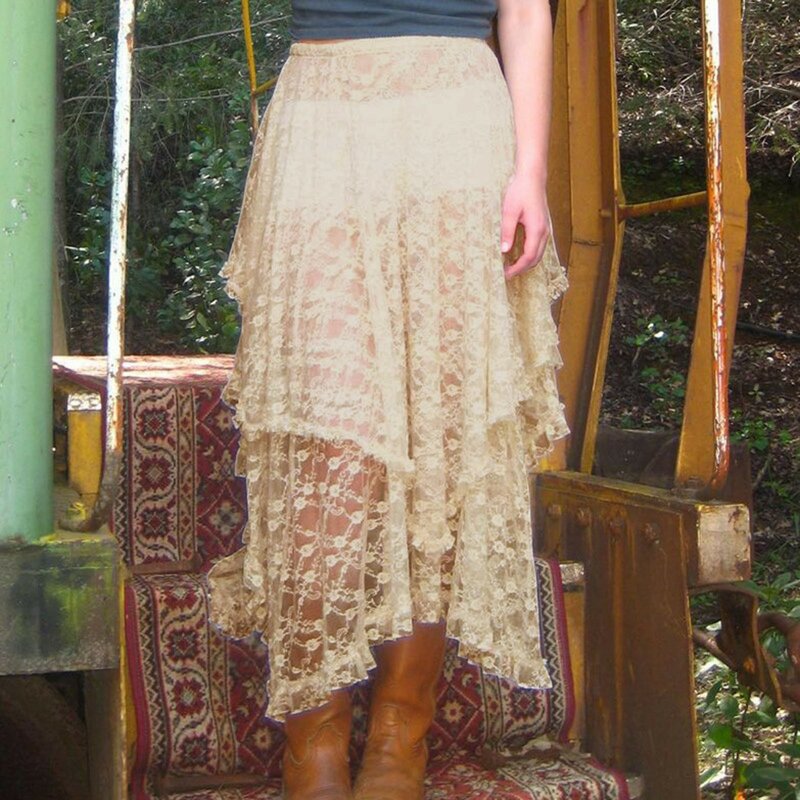 Женские Кружевные Юбки-миди в стиле Харадзюку, асимметричные Прозрачные юбки Y2k, летняя пляжная однотонная женская юбка