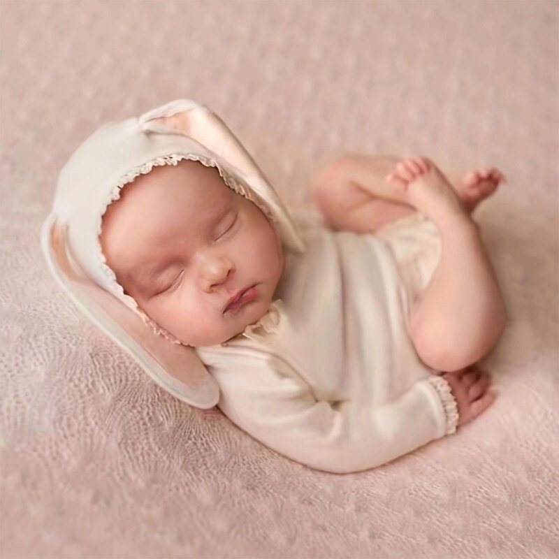 K5DD Baru Lahir Kelinci Tema Fotografi Pakaian Telinga Kelinci Topi dengan Baju Monyet Set Bayi Telinga Panjang Topi & Baju Set