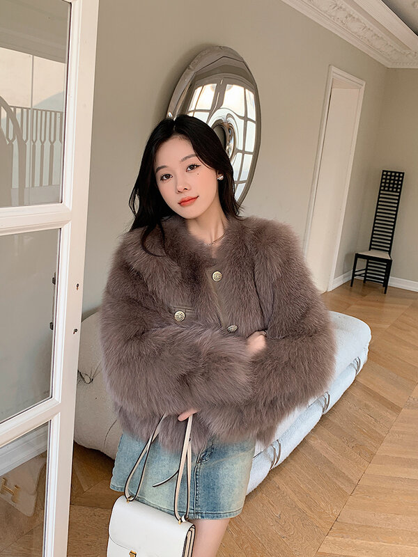 Jacket Women's Thick Warm Autumn and Winter Fashion Loose Casual High-End Round Neck Single-Brewed Fox Fur Coat Short Commute1Pc