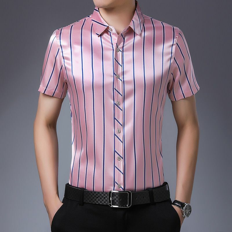 Fashion Lapel Button Short Sleeve Business Striped Shirts Men's Clothing 2024 Summer New Loose All-match Tops Korean Shirts