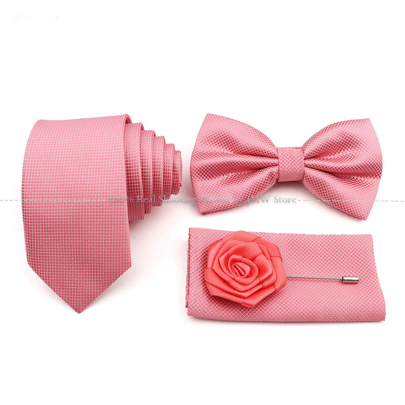 4pcs Solid Color Slim Plaid Tie Set Polyester Necktie Bowtie Cufflink Brooch For Groom Suit Wedding Cravat Shirt Accessory Gift