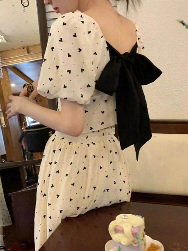 Sets Women Summer Blouses Bow Printed Puff Sleeve Stylish All-match Aesthetic Popular Skirts Midi A-line High Waist Ulzzang Ins