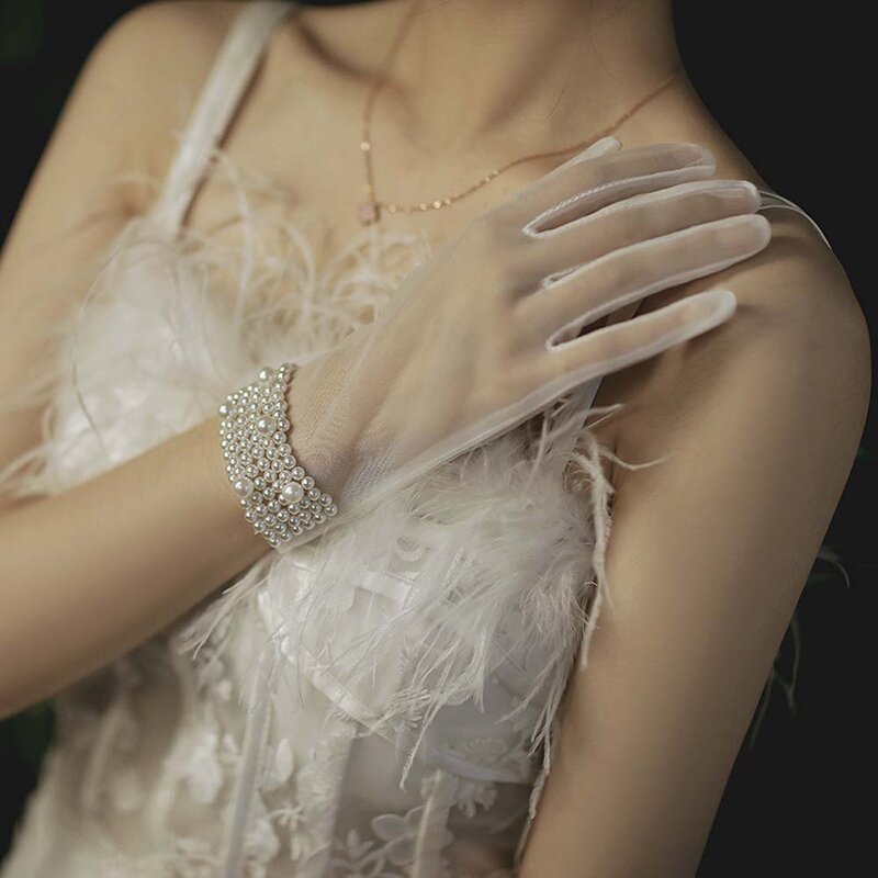 真珠付きの透明なレースのショートグローブ、結婚式用のチュールミトン、甘い女の子、花嫁、夏、真珠、弓