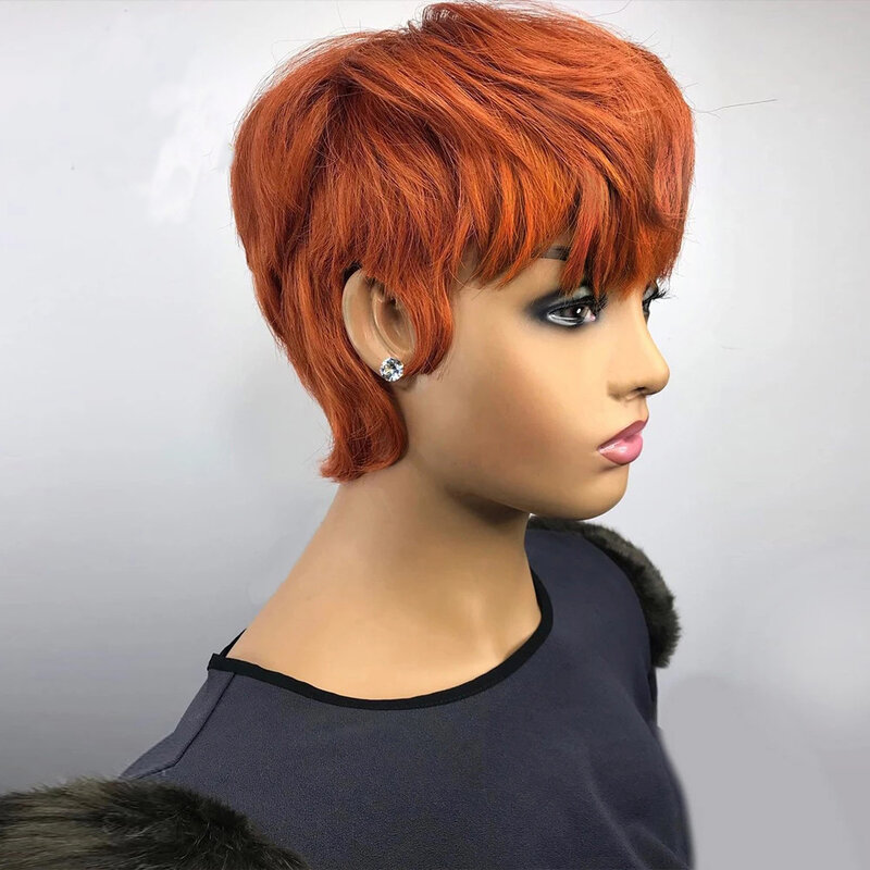 350# Short Pixie Cut Human Hair Wigs With Bangs For Women Machine Made Wig 100% Remy Human Hair Extension Wig Brazilian Hair