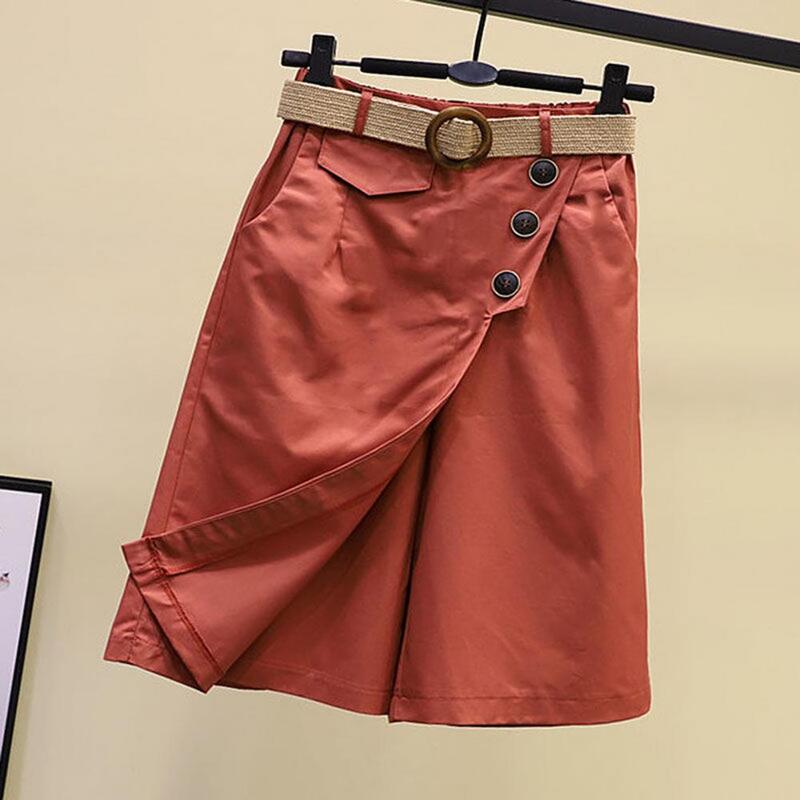Rok pinggang tinggi bergaya rok pinggang tinggi dengan saku untuk wanita serbaguna musim panas mode penting Faux desain dua potong