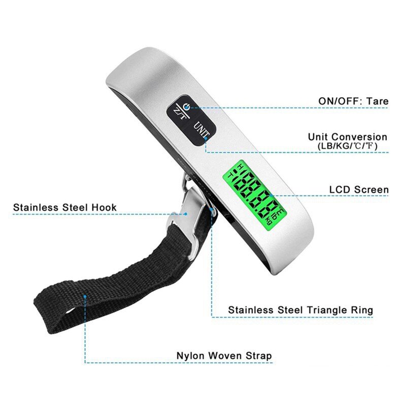 Báscula colgante Digital LCD para equipaje, báscula de peso con cinturón para herramienta de peso electrónica, 50Kg/110lb, Plata