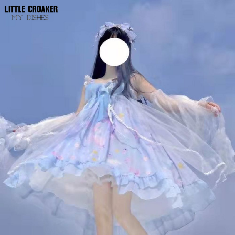 Design original goth lolita vestidos azul e branco mulher lolita coral jsk doce macio menina suspender vestido com cachecol