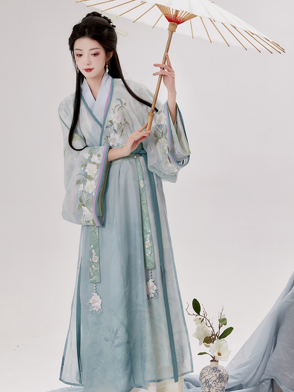 Chi Xia Hua Jian Shi Yun Meng ملابس خفيفة ، قطار مستقيم ، قميص طويل برقبة متقاطعة ، هانفو محسن للنساء ، أسلوب جين