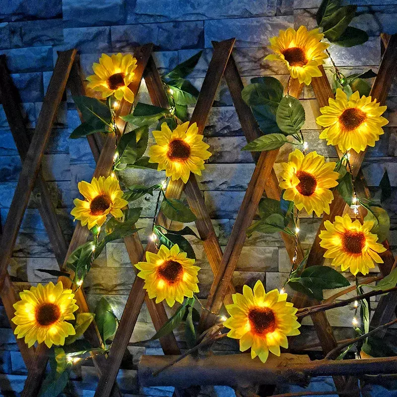 태양 인공 해바라기 장미 끈 조명, 화환 요정 끈 조명, 녹색 잎 덩굴 조명, 정원 파티 장식, 10m 100led