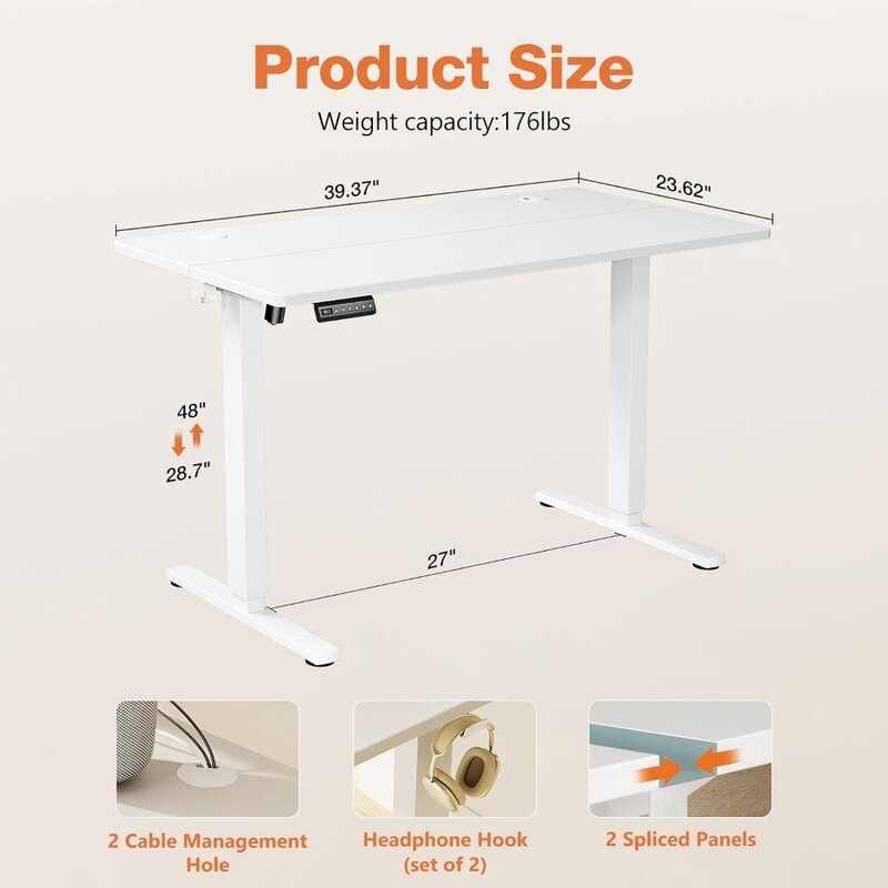 Meja berdiri listrik, 40x24 inci tinggi dapat disesuaikan duduk untuk berdiri di meja dengan papan sambungan, naik meja komputer kantor