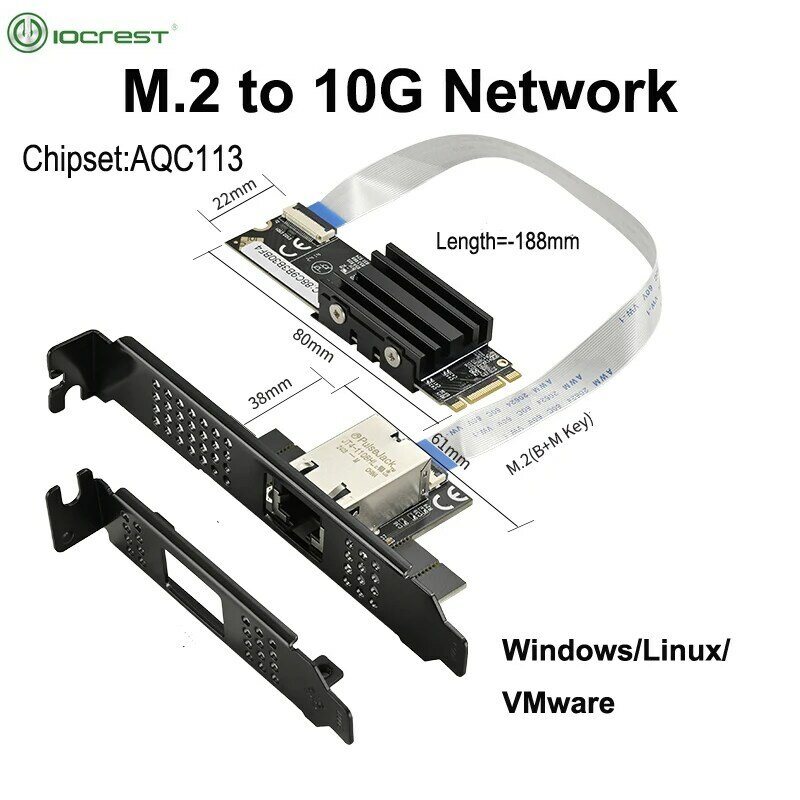 IOCREST M.2 do pojedynczy Port 10 Gbase Ethernet Gigabit Nic B klucz M 10G/2.5G/1000M RJ45 karta Adapter sieci Lan AQC113 Chip
