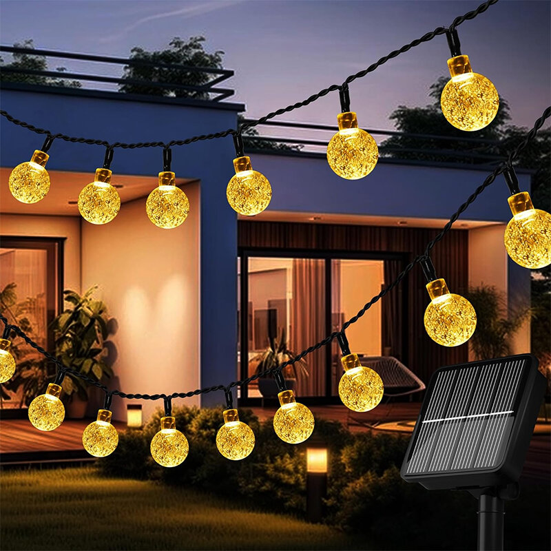 Luzes solares de cristal ao ar livre Fairy Light Guirlanda de Natal Luz impermeável para jardim Decoração de festa 8 modos