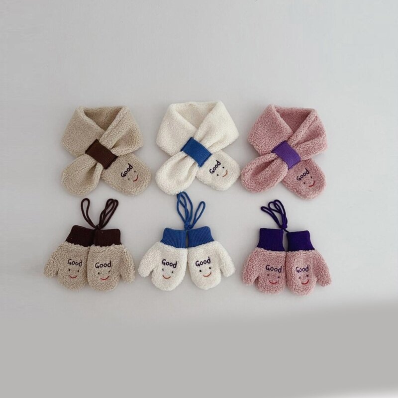 Conjunto luvas bebê cachecol para criança menino menina na quente crianças luvas lã cordeiro conjunto