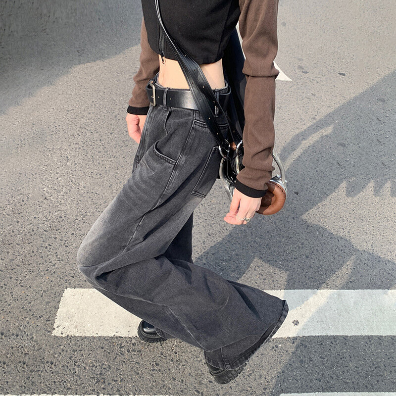 Jean large en denim gris planète pour femme, jambe droite coréenne, taille haute, coupe couvertes, pantalon long goutte, nouveau, 2024