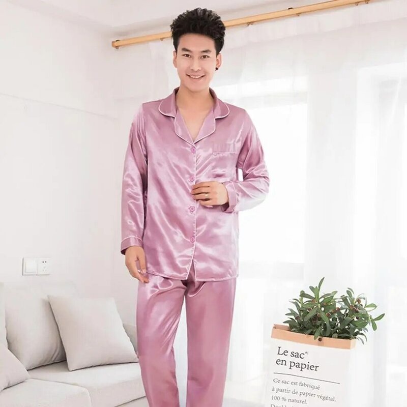 Conjunto de pijama cetim de seda masculino, manga comprida, cor sólida, moda, terno de casal
