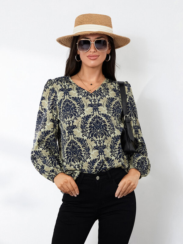 Women Fashion Plant Print Tops Long Sleeve V Neck T-shirt Retro Ethnic Style Blouse Casual Spring Fall Clothes