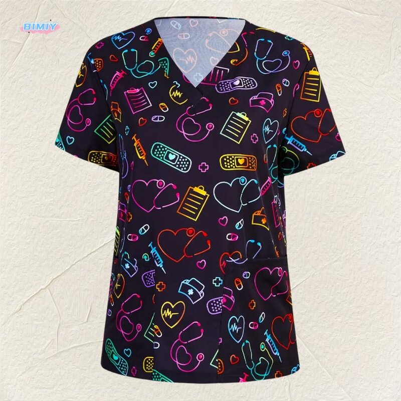 Liebe Damen T-Shirts medizinische Pflege Uniform Stretch Ombre Print V-Ausschnitt Kurzarm T-Shirt Tops mit Tasche Damen bekleidung