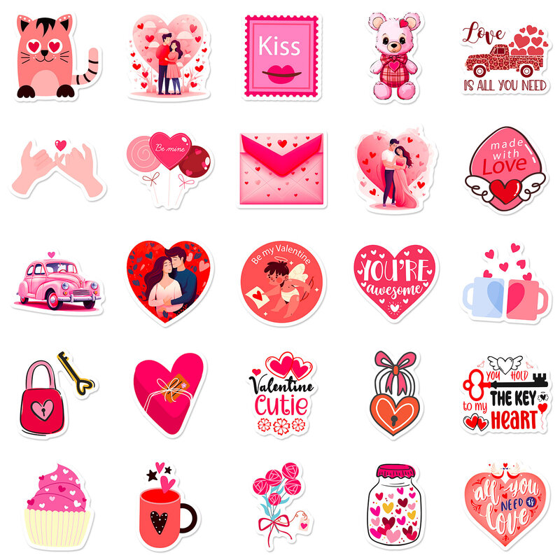 50 buah stiker grafiti seri Valentine cinta merah muda cocok untuk dekorasi cangkir Desktop Laptop mainan stiker DIY