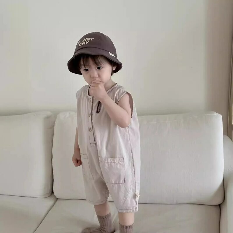 2024 Summer New Baby Sleeveless Romper Cotton Infant Boy Girl Solid Casual Jumpsuit Newborn Toddler Loose Pocket Clothes 0-3T