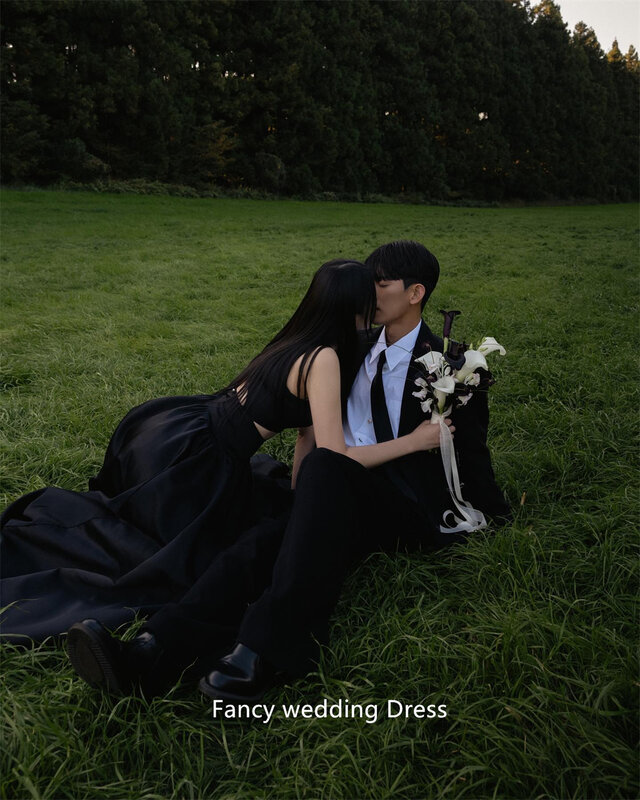 Fancy Elegant Black 2pcs Garden Wedding Dress Korea Photo Shoot A Line Taffeta