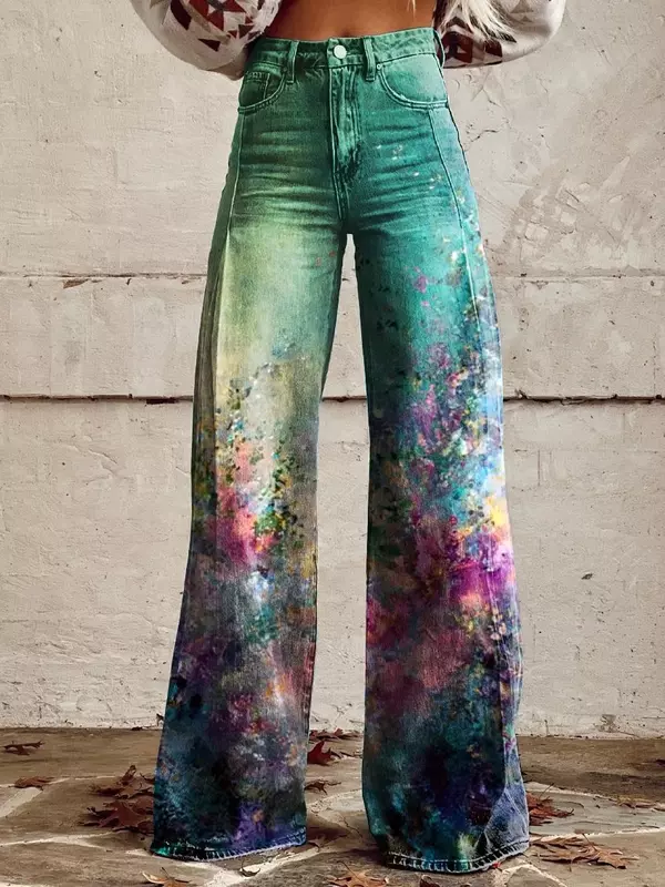 Модные цветочные женские джинсы с высокой талией широкие брюки свободные женские тонкие джинсы с имитацией широких штанин