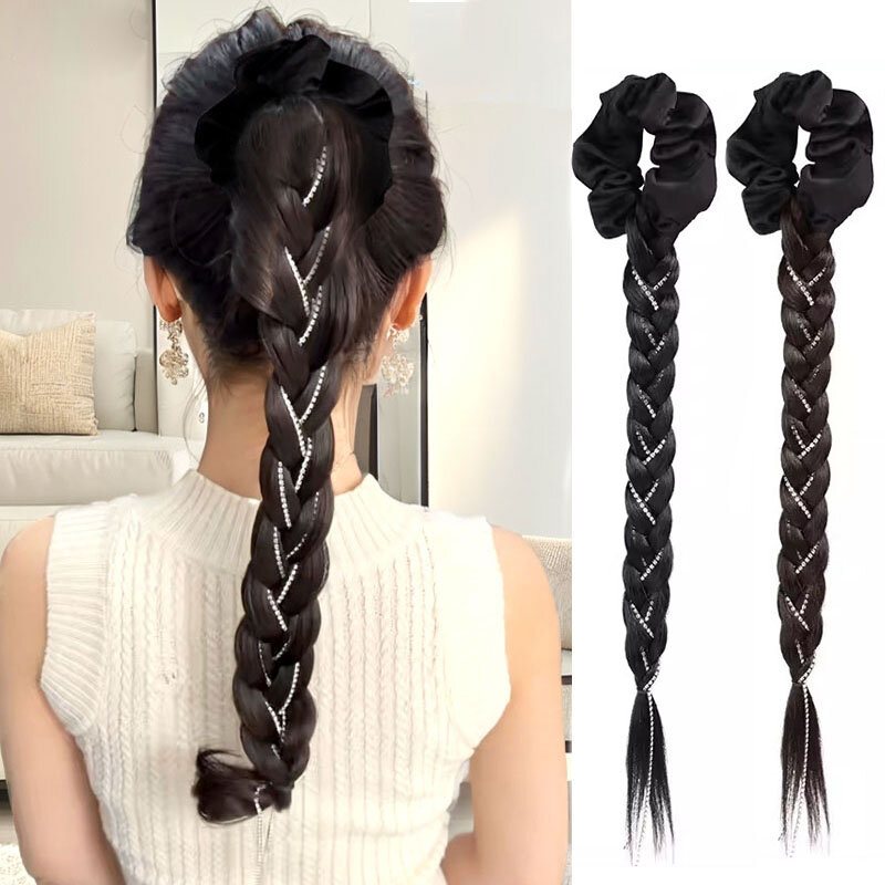 Long syntheti  DIY braided ponytail with loop horsetail clip horsetail hair loop diamond Fried Dough Twists braid one-piece