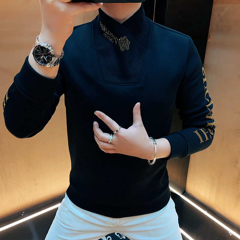 Luxury Turtleneck Winter Mens Clothing Warm Thick Man Jumper Velvet Plush Blouse Elastic Stand Collar Pullover Stretch Clothes