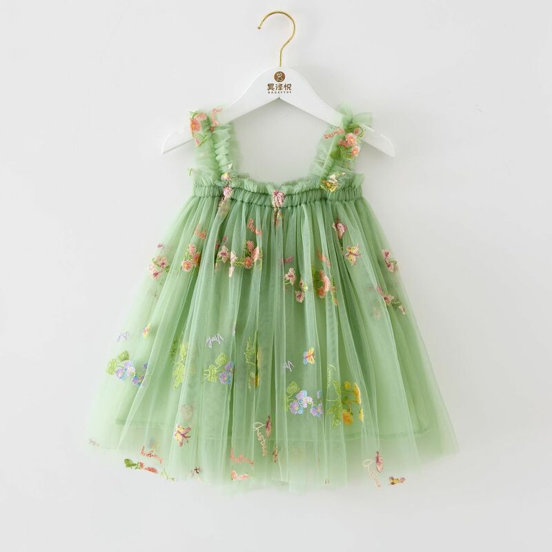 Vestido de malla con bordado de flores para niña, conjunto de 6 piezas con tirantes, ropa de princesa para cumpleaños, novedad