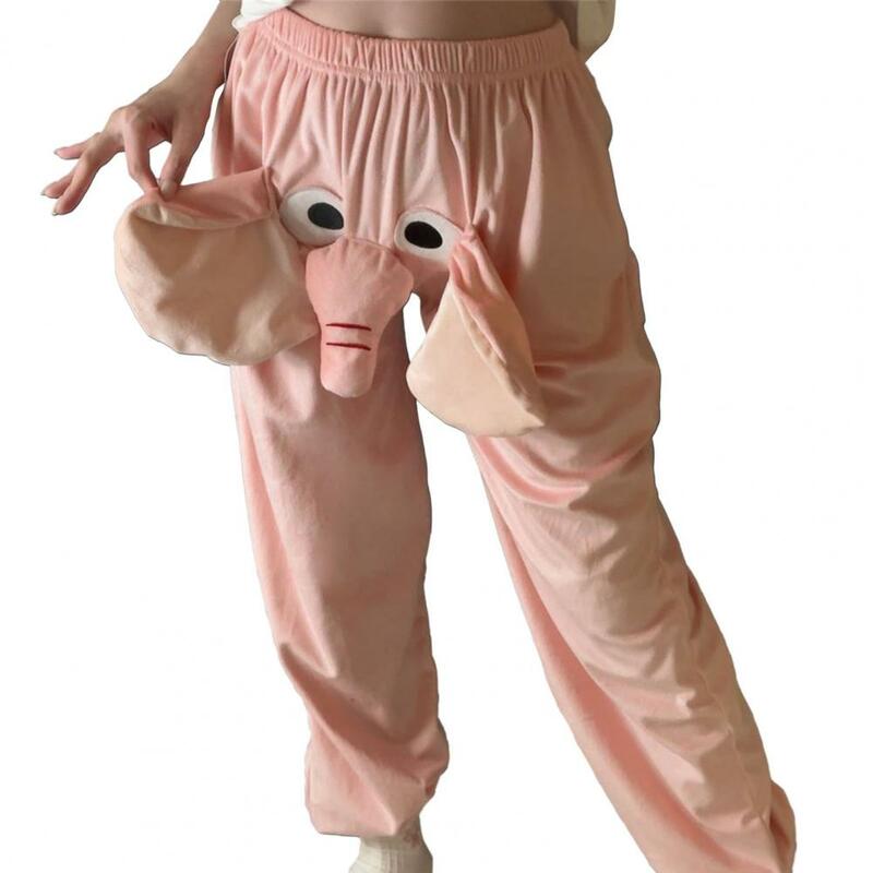 Unisex solto grosso pelúcia pijama calças, calças de dormir longas, desenho animado elefante decoração, Homewear quente, inverno