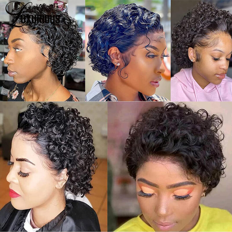 黒人女性のための短いピクシーカットレースウィッグ,事前に摘み取られた巻き毛,ブラジルの人間の髪の毛,透明なhdレース
