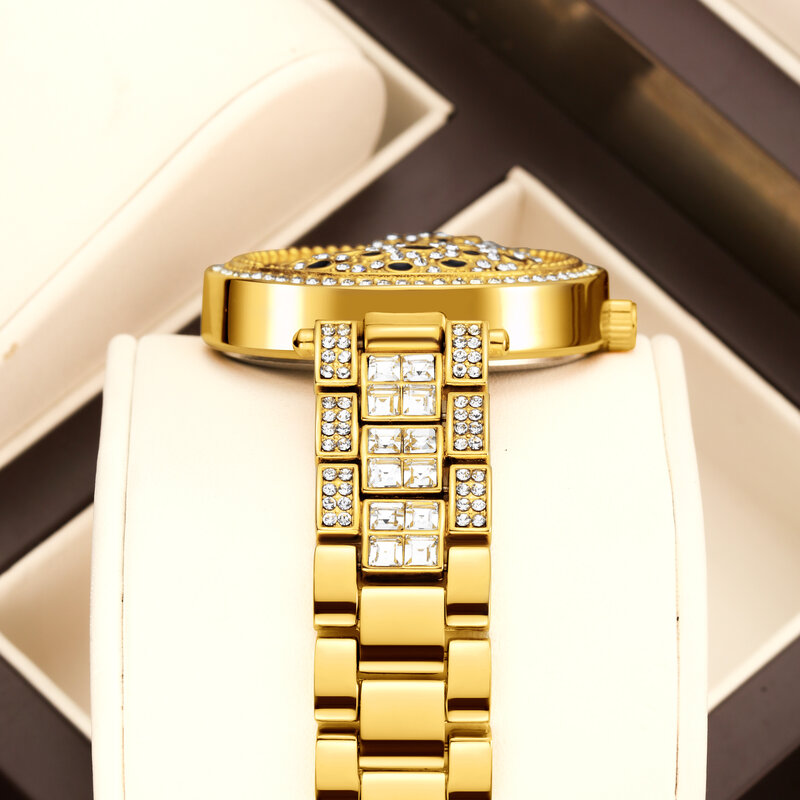Лидер продаж 2024, бренд YaLaLuSi, женские золотые часы, роскошные кристаллы, бриллианты, леопардовая коробка, ремешок для часов, ионное покрытие из настоящего золота