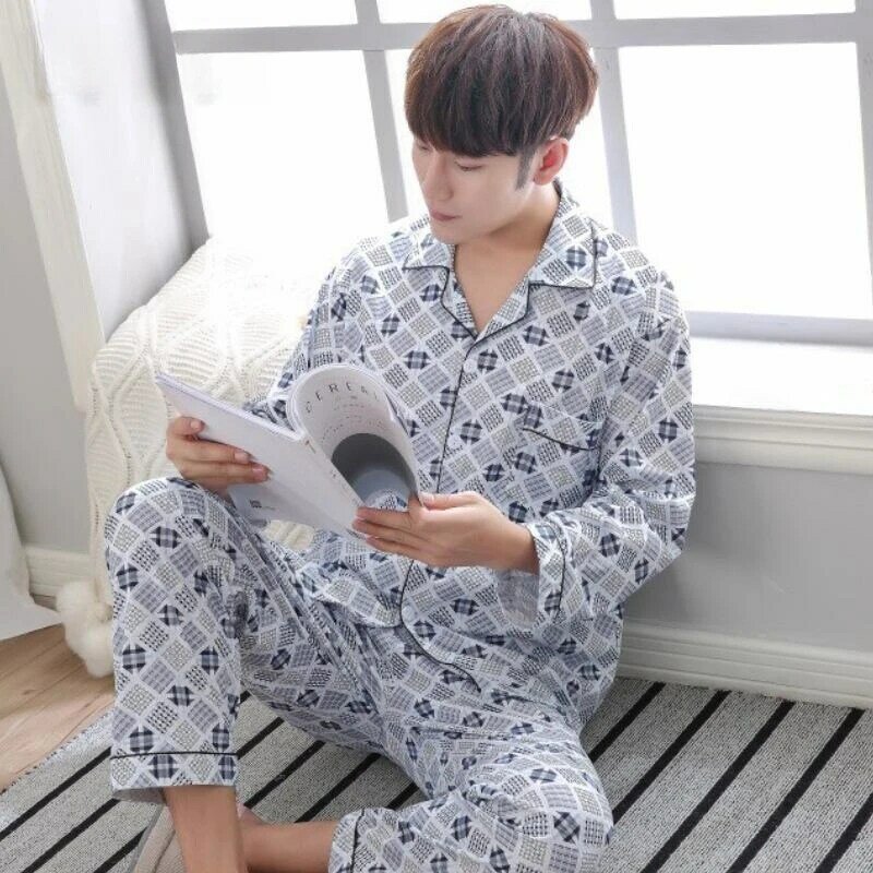Spring Autumn Men's Thin Knitted Cotton Pajamas Long Sleeve Cardigan Sleepwear Large Size Home Clothing Set