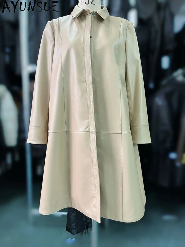 Ayunsue elegante echte Lederjacke Frauen echten Schaffell Mantel mittellange Lederjacken quadratischen Kragen Jaqueta Feminina Couro