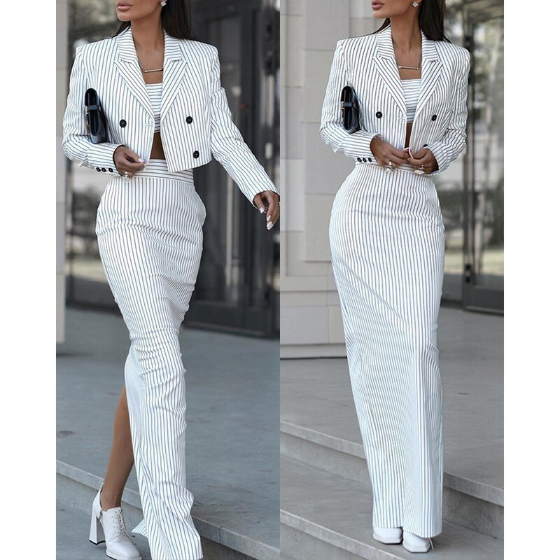 Autumn Women Striped Nothched Collar Double Breasted Blazer Coat & High Waist Maxi Slit Skirt Sets Female Two Pieces Dress Set