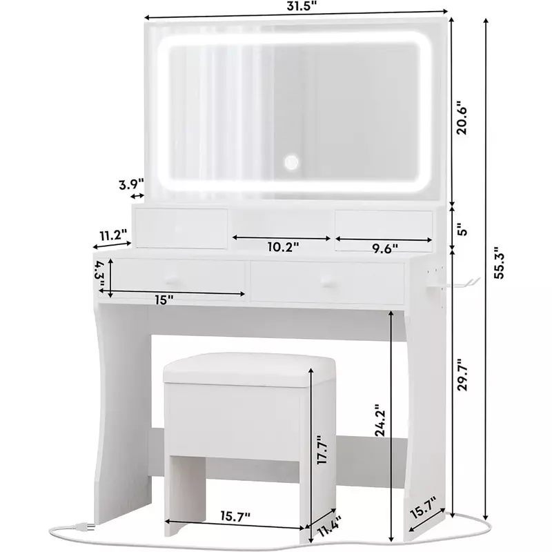 Meja rias dengan cermin berlampu LED & stopkontak daya & 4 laci meja rias mebel dengan cermin putih pengiriman gratis