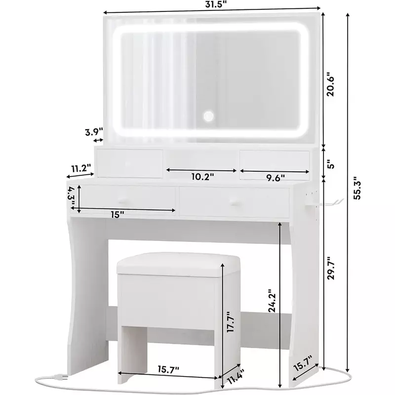 Kaptafel Met Led Verlichte Spiegel En Stopcontact En Make-Up Kaptafel Met 4 Laden En Spiegel Wit Vrachtvrij