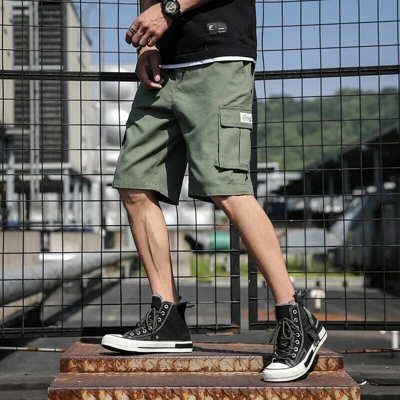 Мужские свободные шорты-карго, повседневные модные однотонные шорты в корейском винтажном стиле с карманами, универсальная модель Y2K, лето 2023