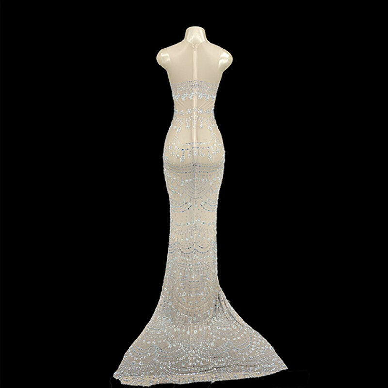 Customized New Sexy Lace Transparent Diamond Pearl Sequins Feather Water Diamond Wrap Hip Dress Long Dress Performance Dress