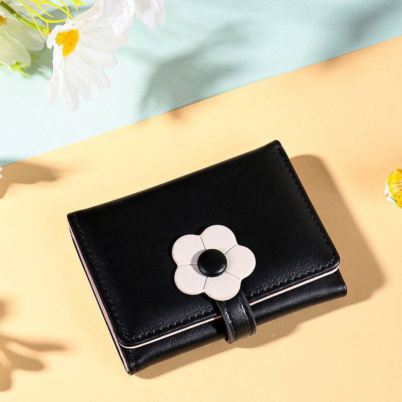 กระเป๋าสตางค์กระเป๋าเงินใส่บัตรเป็นของขวัญกระเป๋าสตางค์ใบ2024ใบสั้นน่ารักลายดอกไม้สีสดสไตล์เกาหลี dompet koin สีแดง