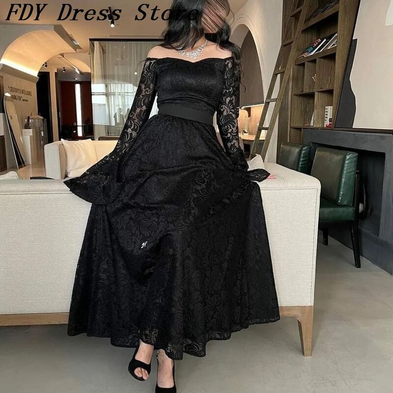 Gaun Prom renda hitam 2023 gaun acara Formal Arab Saudi panjang sepergelangan kaki gaun pesta gaun malam