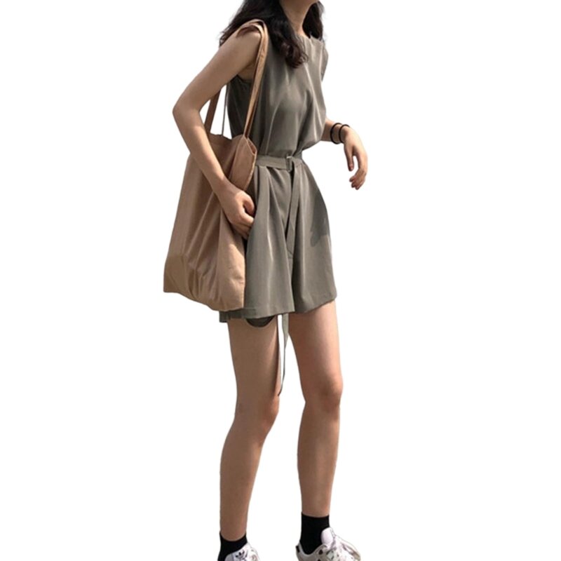 여성용 크루 넥 벨트 민소매 롬퍼 짧은 점프 슈트 솔리드 컬러 와이드 레그 점프 슈트 Playsuits Wither Pockets