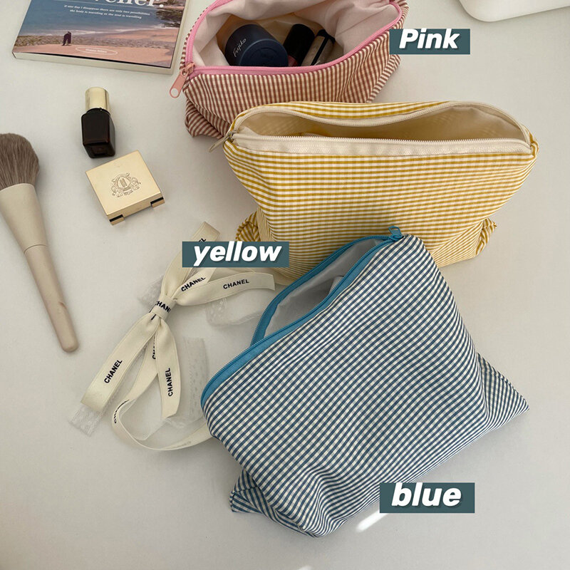 Women Girls Plaid Makeup Bag Cotton And linen Cosmetic Bag Zipper Pouch Simple Portable Large Capacity Storage Bag Fashion