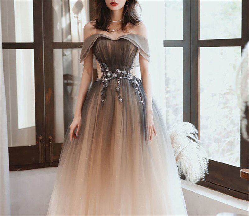 Fora do ombro vestido de baile 3d flor appliqued contas tule vestido de noite champanhe e marrom manga curta do baile de formatura robe de mariée