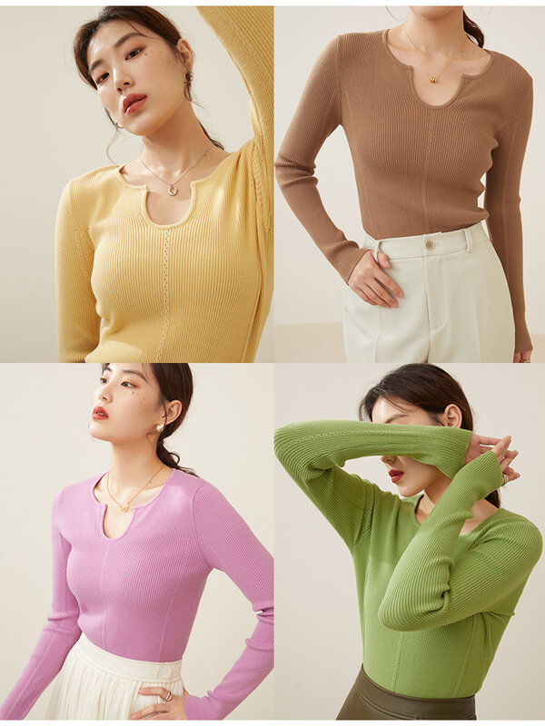 DUSHU Simple U-shaped Irregular Collar Women Autumn Knitwear Versatile Casual Basic Top Multi-color Female knitted Sweater