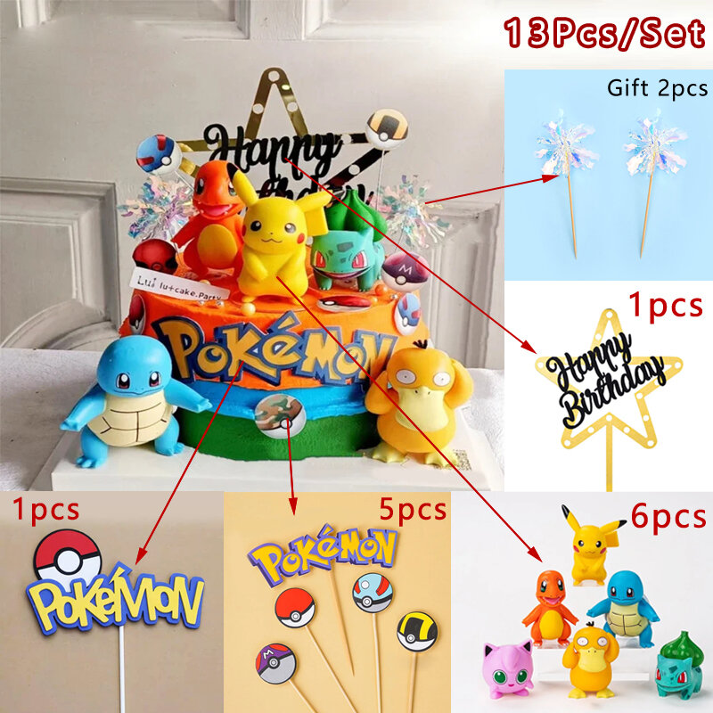 Pokemon bolo topper, pikachu anime figura, decoração do partido do aniversário suprimentos, presente da criança, 13 pçs/set