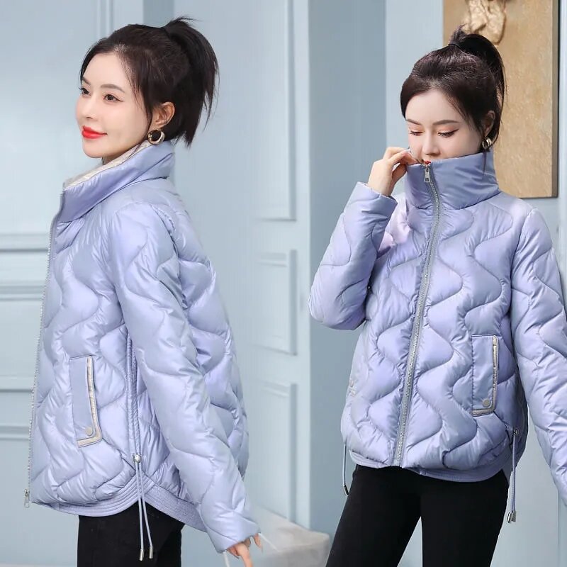 Jaket musim dingin wanita Korea Parka 2023 baru jaket katun jaket pendek mengkilap berdiri kerah Parka pakaian luar wanita mantel