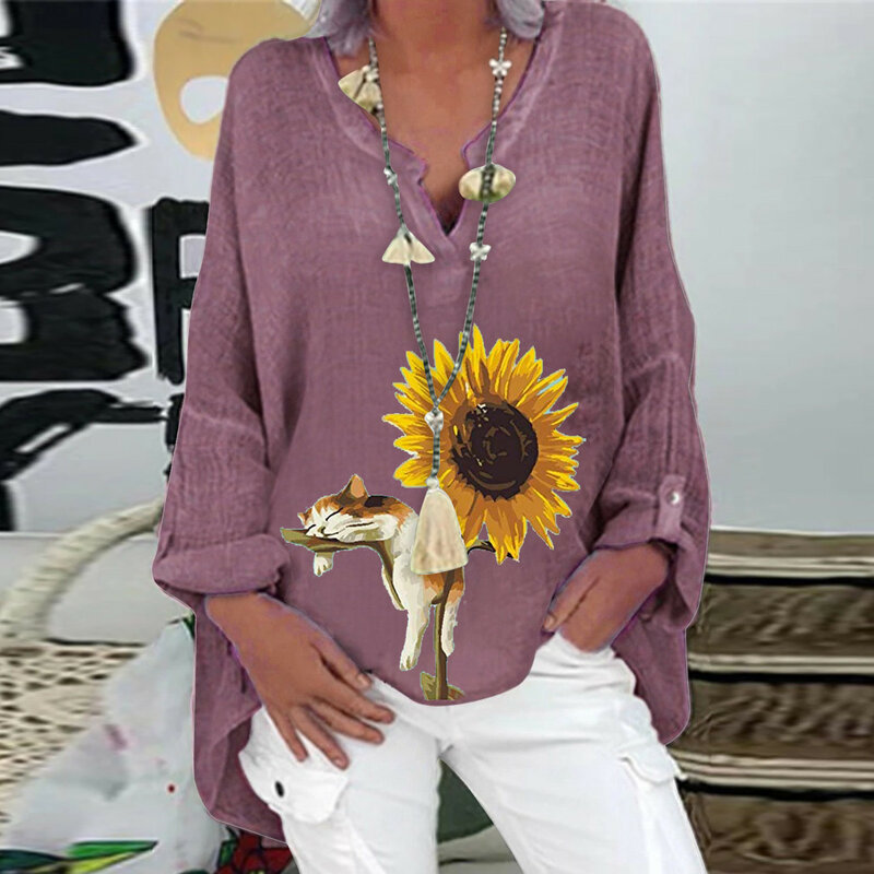 Blusa holgada de lino para mujer, camisa de manga larga estilo bohemio, con estampado de girasol, Estilo Vintage, talla grande, 2023
