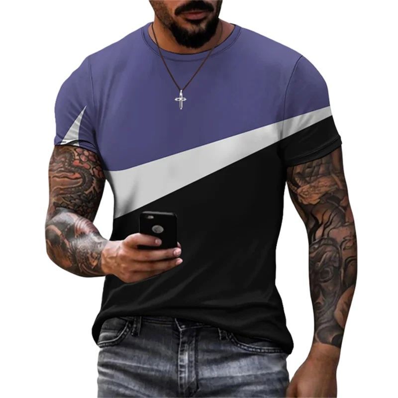 New Summer Men's T-shirt Color Patches 3D Printed Short sleeved Top T-shirt Fashion Casual Increase O-neck Breathable Men's Clot